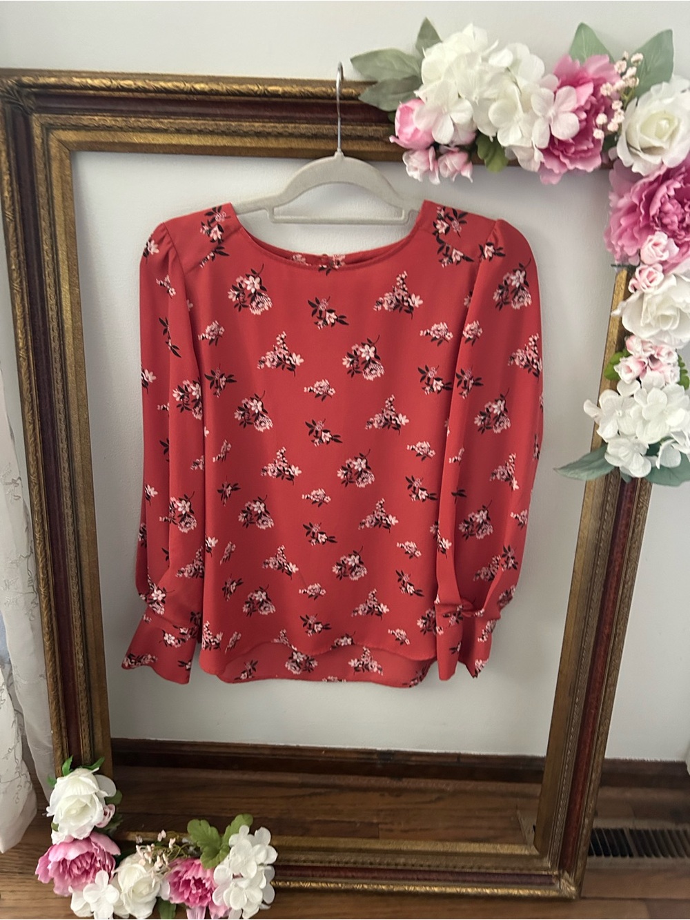 LOFT Coral Floral Long-Sleeve Blouse